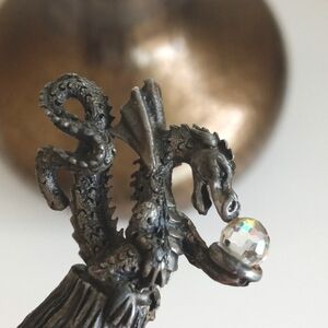 Pewter Dragon Holding a Crystal Figurine 1/2" Tall
